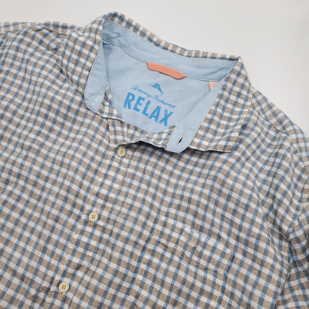 Tommy Bahama Relax Mens 3XL Linen Short Sleeve Gingham Button Down Shirt Blue